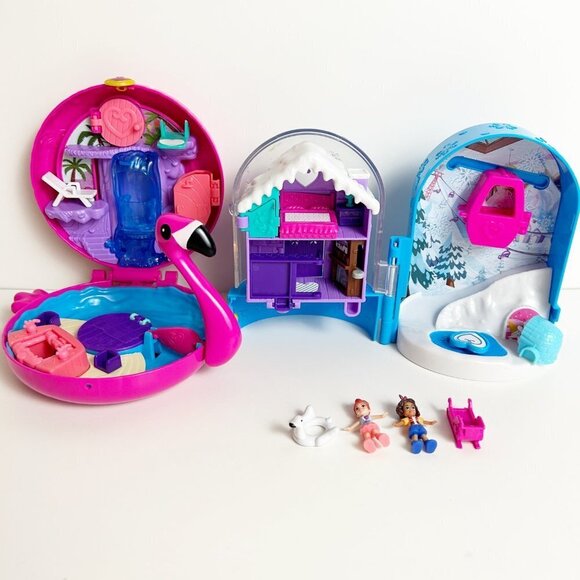 Polly Pockets Lot of 2 Compact Playsets Snowball Surprise Flamingo Floatie 2017 - Picture 5 of 8